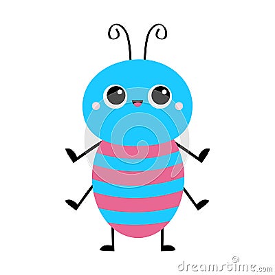 Cute bug beetle. Insect animal. Cartoon kawaii smiling baby character. Blue and pink stripes. Education cards for kids. Isolated. Vector Illustration