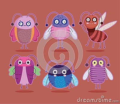 Cute bugs insects animal in cartoon style icons set Vector Illustration
