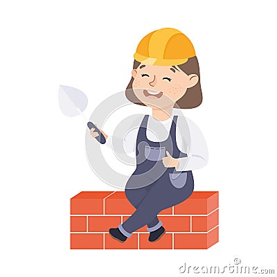 Cute Builder Building Brick Wall of House, Little Girl in Hard Hat and Blue Overalls with Construction Tools Cartoon Vector Illustration