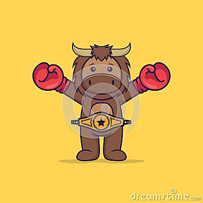 Cute bull in boxer costume with champion belt. Animal cartoon concept isolated. Can used for t-shirt, greeting card, invitation Vector Illustration