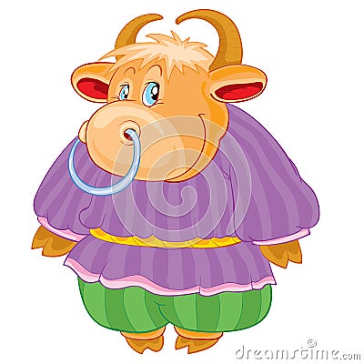 Cute bull character in pants and shirt, fairy tale character, cartoon illustration, isolated object on a white background, vector Vector Illustration