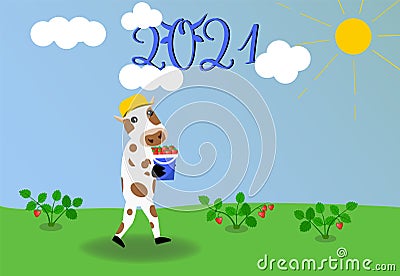 Cute bull in a hat carries strawberries in a bucket in his hands. Cartoon Illustration