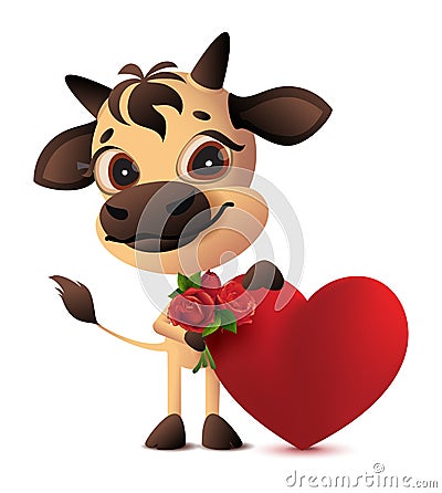 Cute bull holding heart and bouquet of roses valentines day gift Vector Illustration