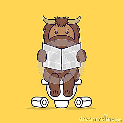 Cute bull Pooping On Toilet and read newspaper. Animal cartoon concept isolated. Can used for t-shirt, greeting card, invitation Vector Illustration