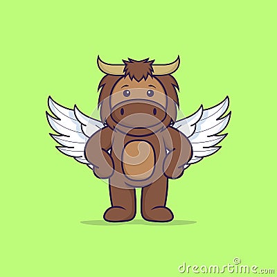 Cute bull using wings. Animal cartoon concept isolated. Can used for t-shirt, greeting card, invitation card or mascot. Flat Vector Illustration