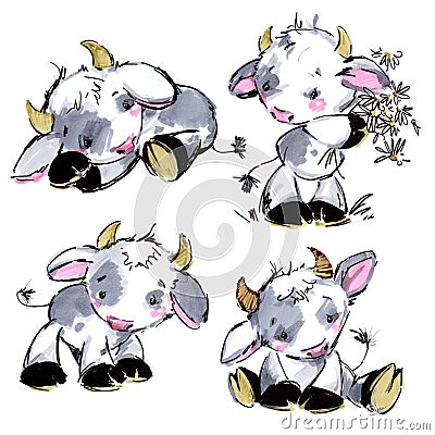 Cute bull watercolorset. Funny cartoon ox illustration. Cartoon Illustration