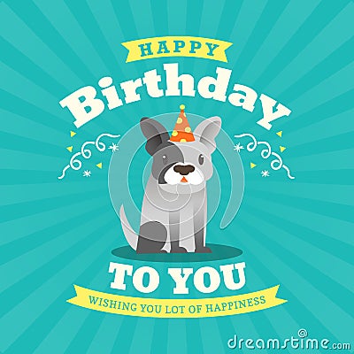 Cute bulldog Cartoon Birthday card design Vector Illustration