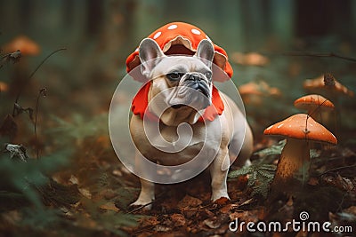 Cute bulldog pet walks in forest dressed in toadstool costume. Generate ai Stock Photo