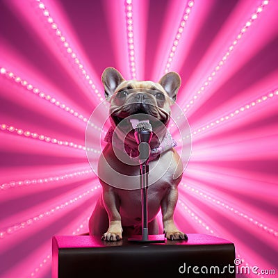 Cute bulldog sings into a microphone on stage. Pink background Stock Photo