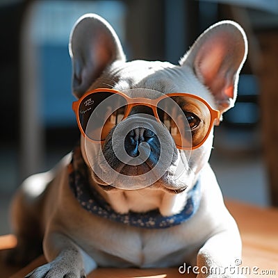 Cute bulldog wearing sunglasses on sunny day Stock Photo