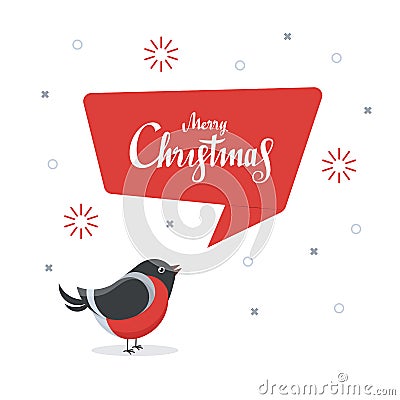 Cute bullfinch with red speech bubble. Merry Christmas. Design greeting card template. Vector illustration in flat style Cartoon Illustration
