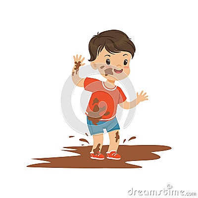 Cute bully boy jumping in a dirt, hoodlum cheerful little kid, bad child behavior vector Illustration Vector Illustration