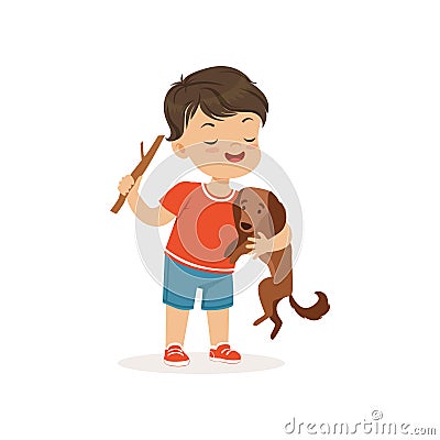 Cute bully boy teasing little dog, hoodlum cheerful little kid, bad child behavior vector Illustration Vector Illustration