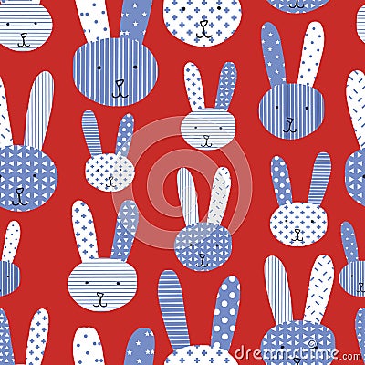 Cute bunnies blue white red seamless pattern Stock Photo