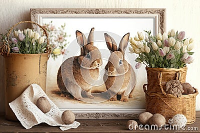 Cute Bunnies Easter, Happy Easter , Spirit of Easter. Stock Photo