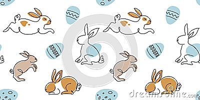 Cute bunnies Easter vector pattern with eggs. One continuous line art drawing pattern. Cute bunnies background, texture Vector Illustration