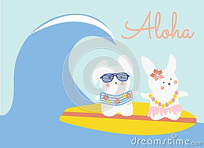 Cute bunnies surfing Vector Illustration