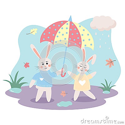 Cute bunnies under an umbrella. Autumn rabbits with falling leaves Vector Illustration