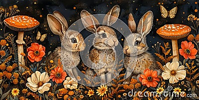 Cute Bunnies in Whimsical Forest Stock Photo