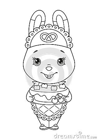Cute bunny baker with cake coloring page. Black and white cartoon illustration Vector Illustration