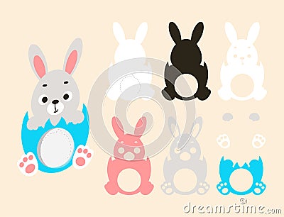 Cute bunny candy holder for kids. Hanger for sweets, candies for birthday, baby shower, Easter, Christmas. Layered paper Vector Illustration