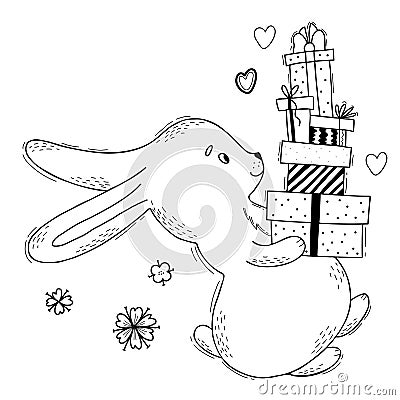 Cute bunny carries gifts and boxes.. Vector illustration. Greeting card in linear doodle style. Funny animal for design Vector Illustration