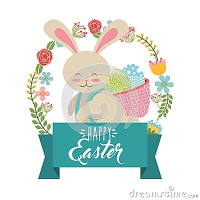 Cute bunny carrying basket eggs wreath floral happy easter Vector Illustration