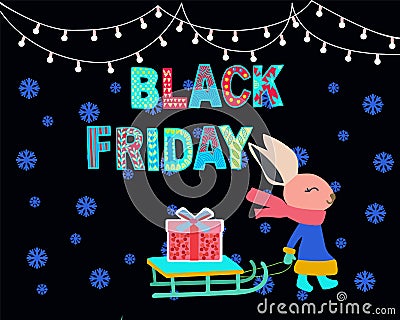 Cute bunny carrying gift in black friday Vector Illustration