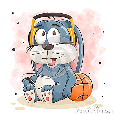 cute bunny cartoon listening music and basketball vector illustration Vector Illustration