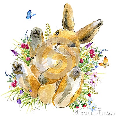 Cartoon rabbit. forest animal illustration. cute watercolor hare. Little rabbit in the garden Cartoon Illustration