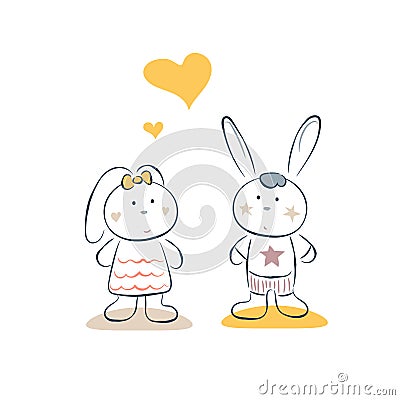 Cute bunny couple romantic date vector illustration card template. Vector Illustration