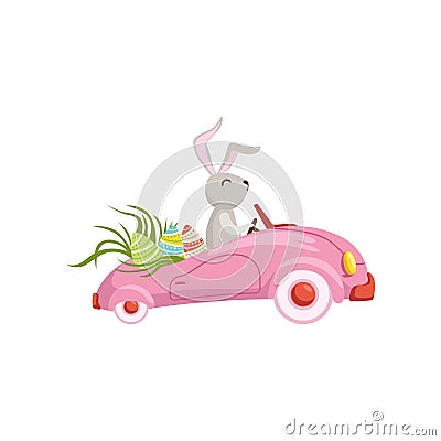 Cute bunny driving pink vintage car decorated with Easter eggs, funny rabbit character, Happy Easter concept cartoon Vector Illustration