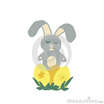 cute bunny and easter eggs in trending color 2021. hand drawn doodle. template card, poster, sticker. gold, yellow Stock Photo