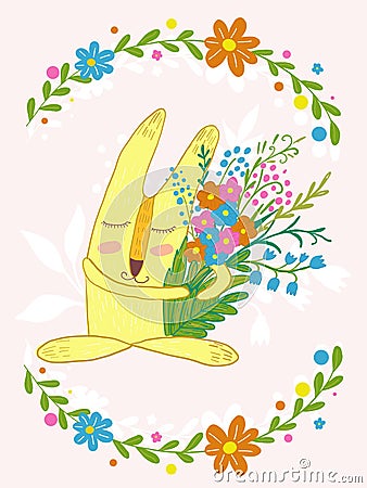 Cute bunny with flowers in a frame of flowers.Cute hand drawn animal characters for kids design.Mothers day greeting Vector Illustration