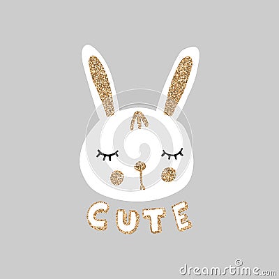 Cute bunny. Funny illustration. Lovely rabbit with golden glitter. Vector Illustration