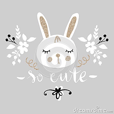 Cute bunny. Funny illustration. Lovely rabbit with golden glitter. Vector Illustration