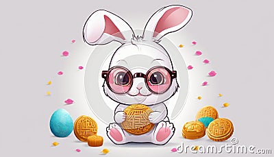 A cute bunny with glasses and a cookie Stock Photo