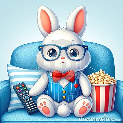 Cute Bunny with Glasses Sitting on a Blue Chair Cartoon Illustration