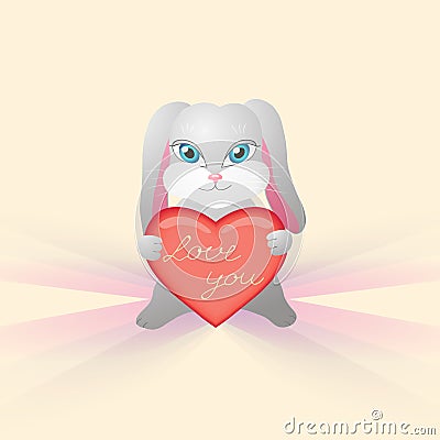 Cute bunny holds in her paws heart with the inscription. Vector Illustration