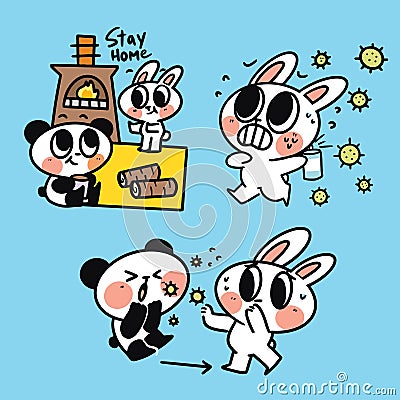 Cute Bunny And Panda Safe From Corona Campaign Vector Illustration Vector Illustration