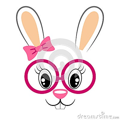 Cute bunny with pink bow and glasses. Girlish print with rabbit face for t-shirt Vector Illustration