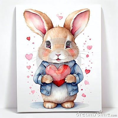 Cute bunny rabbit heart hare, watercolor illustration for valentines day card or print Cartoon Illustration