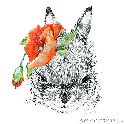 Cute Bunny. Rabbit pencil sketch illustration. T-shirt print with cute Bunny. Cartoon Illustration