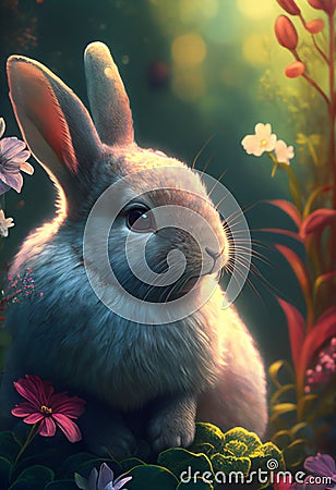 Cute Bunny rabbit sitting amongst flowers in a dreamy garden Cartoon Illustration