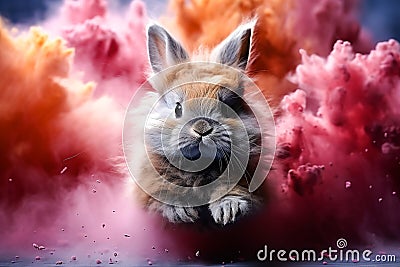 Bunny running trough multicolor powders explosion. Generative AI Stock Photo