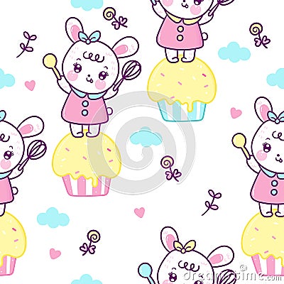 Cute bunny seamless pattern rabbit cartoon cupcake vector sweet dessert pastel color Kawaii food: Series Girly doodles pet zoo K Vector Illustration