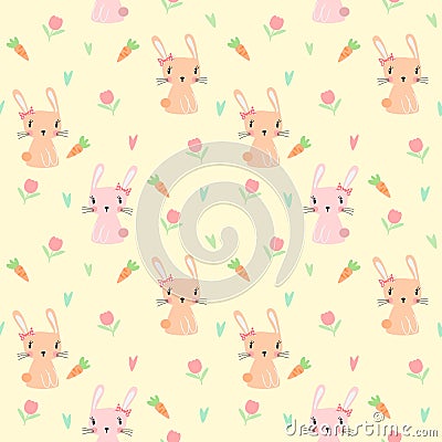 Cute bunny seamless pattern vector. Lovely bunny in flowers background. Vector Illustration