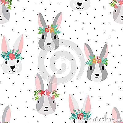 Cute bunny seamless Vector pattern with bunny heads wearing flower crowns. Sweet hand drawn nursery art seamless background. Dots Vector Illustration