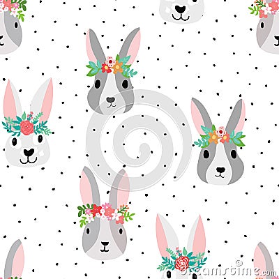 Cute bunny seamless Vector pattern with bunny heads wearing flower crowns. Sweet hand drawn nursery art seamless background. Dots Stock Photo