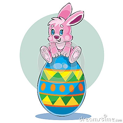 Cute bunny sitting on top of a large Easter egg painted in different colors, Vector Illustration